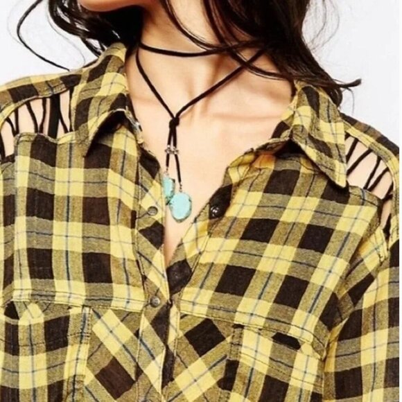 Free People Gauzy Plaid Lace-Up Button Down Shirt Size Large - Picture 7 of 12
